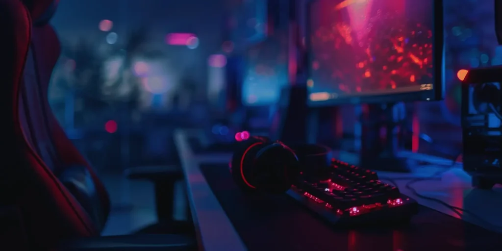 Gaming Stuhl an einem Schreibtisch. Auf dem Schreibtisch sind Monitor, Tastatur und Maus zu sehen. Perfekt zum Zocken.