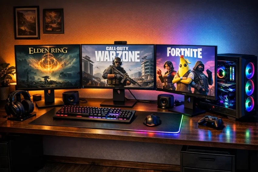 Beste Spiele PC 2026 Gaming Setup mit verschiedenen Spielen auf Monitoren