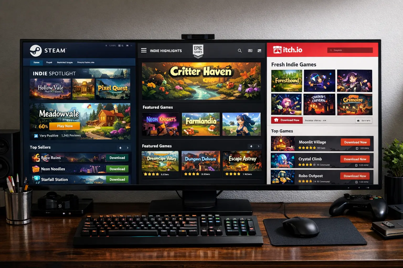 Verschiedene Gaming-Plattformen für Indie Games wie Steam und Epic Games
