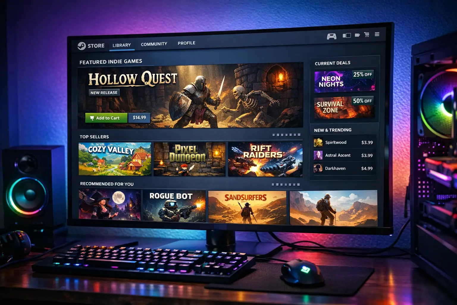 Steam Store Interface zeigt verschiedene Indie-Spiele