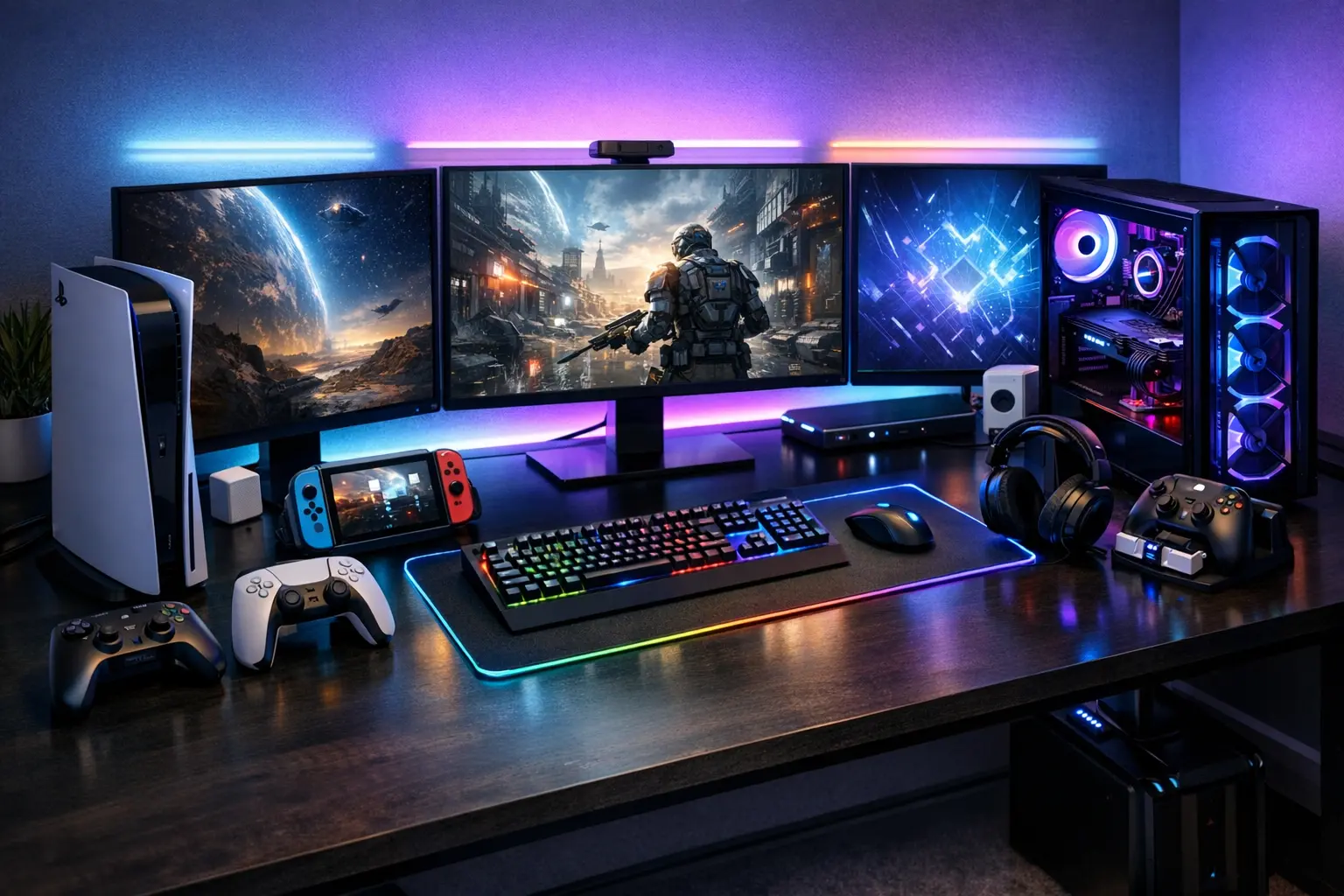 Gaming Setup mit PS5, Nintendo Switch und PC für kommende Spiele 2026