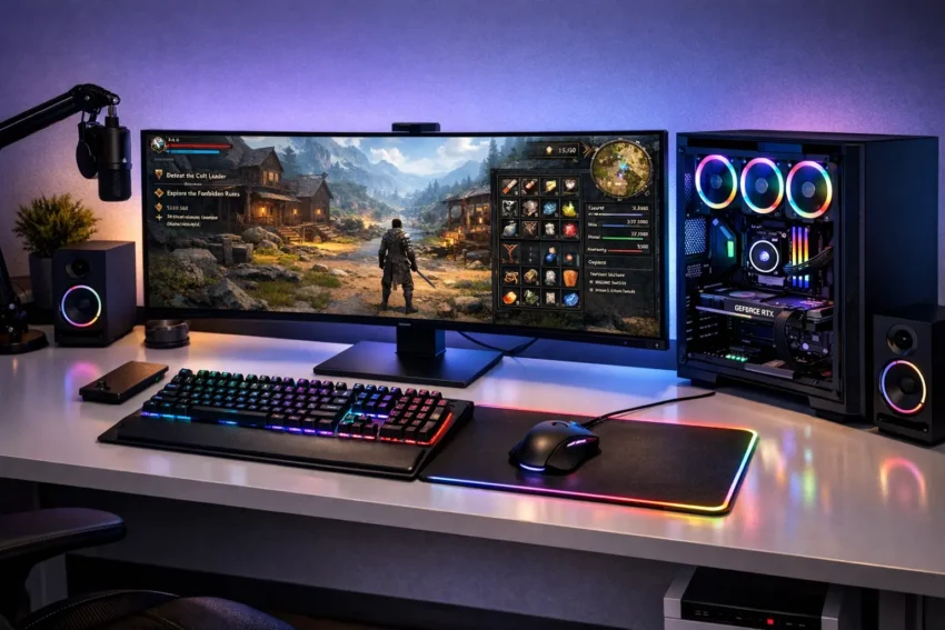High-End Gaming Setup mit RGB-Beleuchtung für neue PC-Spiele