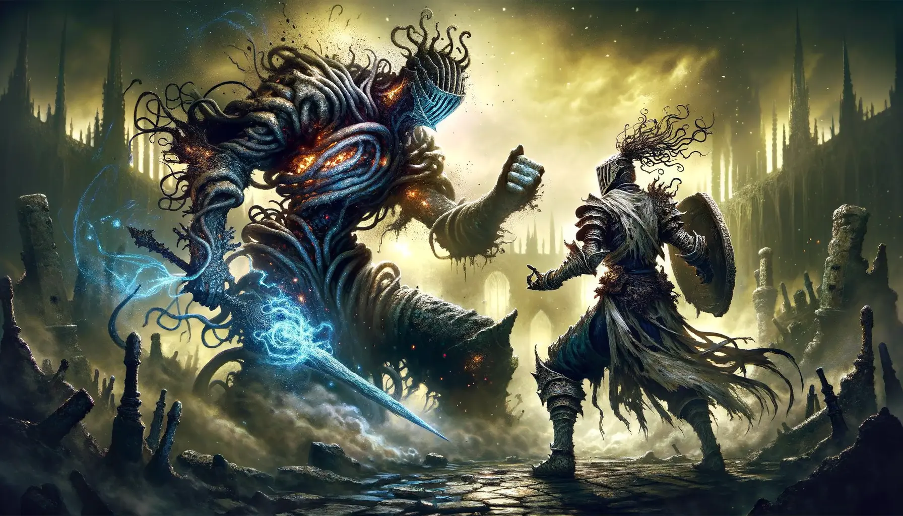 Soulslike-Spiele epischer Bosskampf mit dunkler Atmosphäre