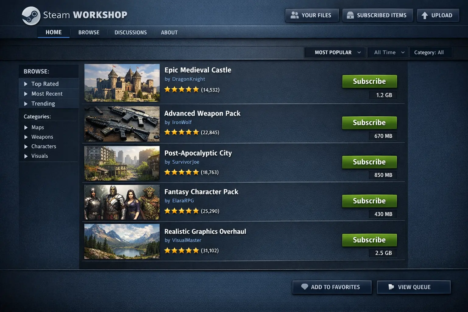 Steam Workshop Interface für Mods und Community-Inhalte