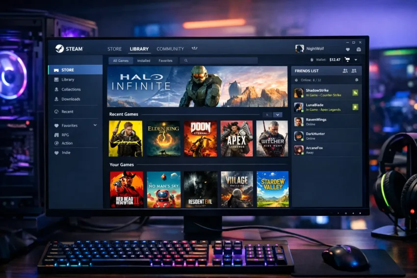 Steam Benutzeroberfläche mit Spielebibliothek und Store-Ansicht