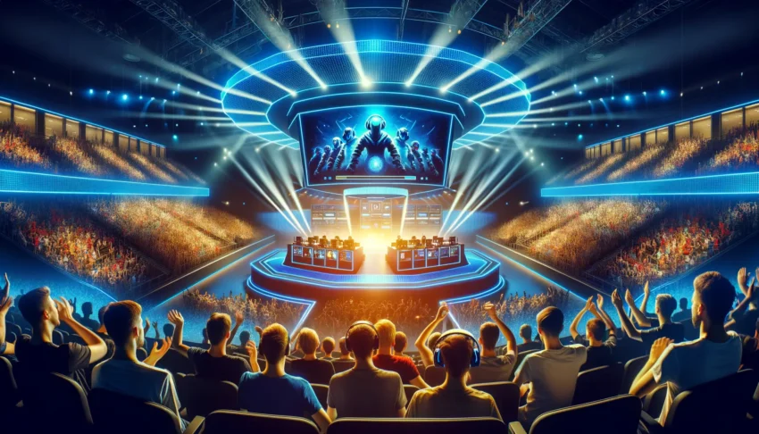 E-Sports Turnier Szene mit jubelnden Fans und Spielern 2026