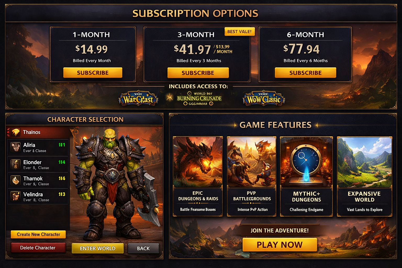 World of Warcraft Spieloptionen mit verschiedenen Kaufmöglichkeiten und Account-Features